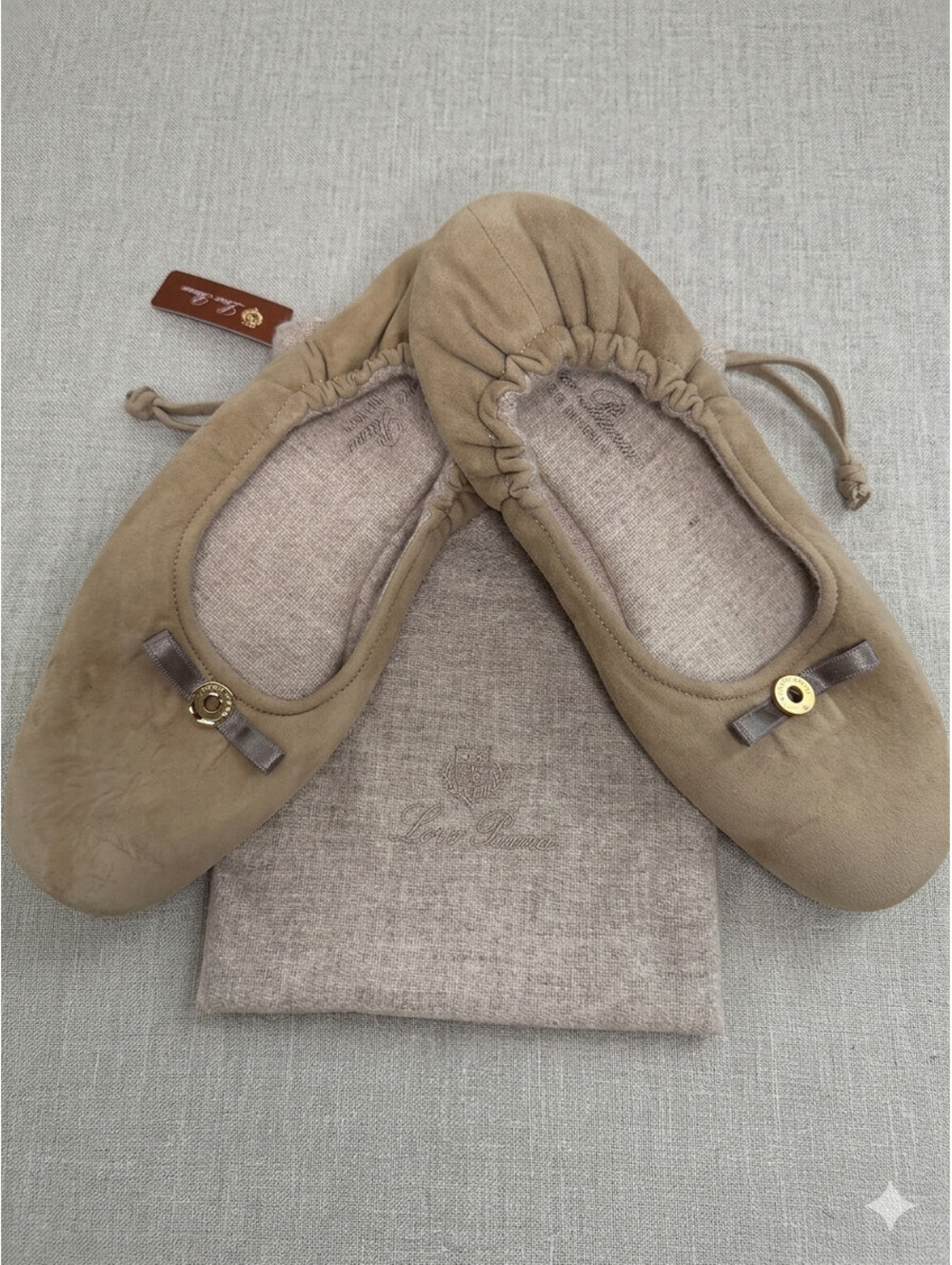 New Loro Piana Suede Ballerina Slippers 100% Cashmere Lined + Travel Pouch 38